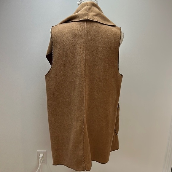 Le Moda Open Front Fleece Vest Cardigan Long Line Camel Soft Pockets Lagenlook - Picture 2 of 14